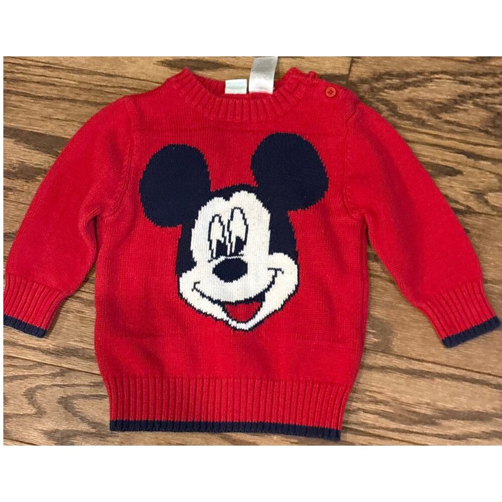 Disney Baby Mickey Mouse Sweater Red Cotton Blend 12 Months Knit Pullover EUC